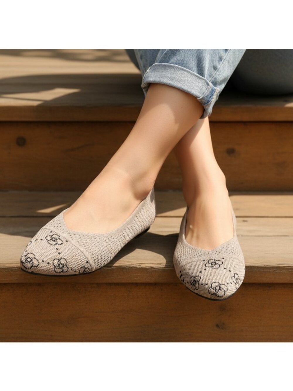 Flower Contrasting V-Cut Pointed Toe Knit Ballet Flats Classic Slip-On Shoes
